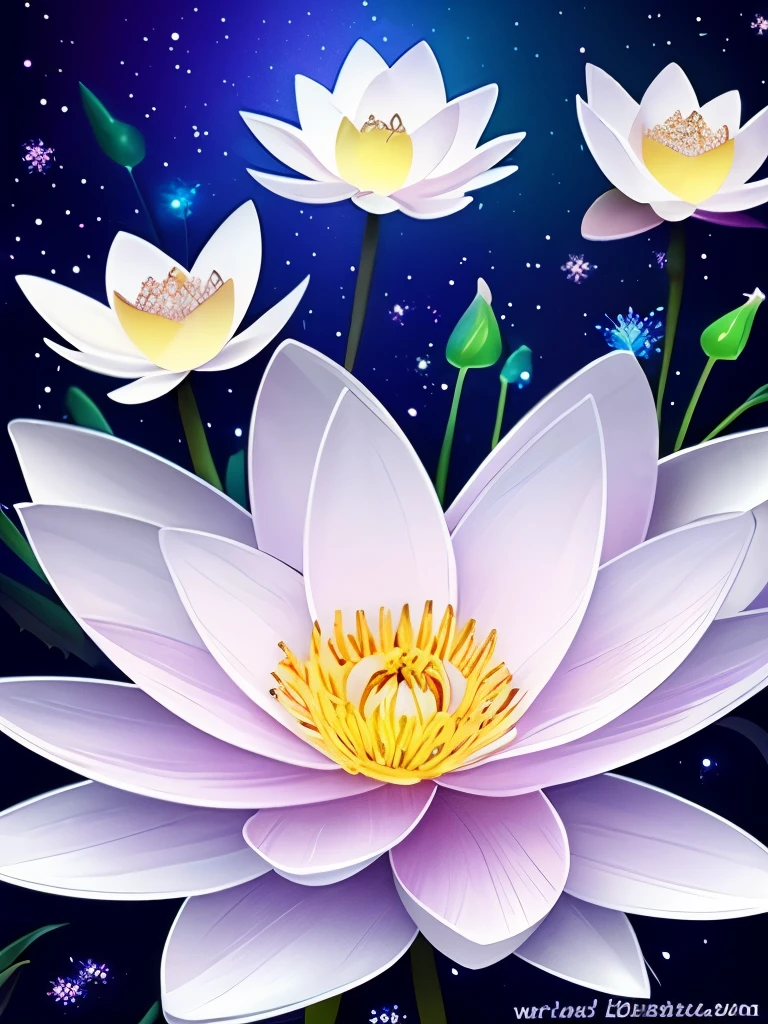 there are many white flowers that are glowing in the dark, beautiful flowers and crystals, glowing flowers, beautiful!!! digital art, magical flowers, luminous flowers, surreal waiizi flowers, with lotus flowers, magical colorful flowers, beautiful depiction, ethereal!!! ultra realistic, glowing delicate flower, by Li Song, lotus flowers, beautiful gorgeous digital art, beautiful!!!!!!!!!