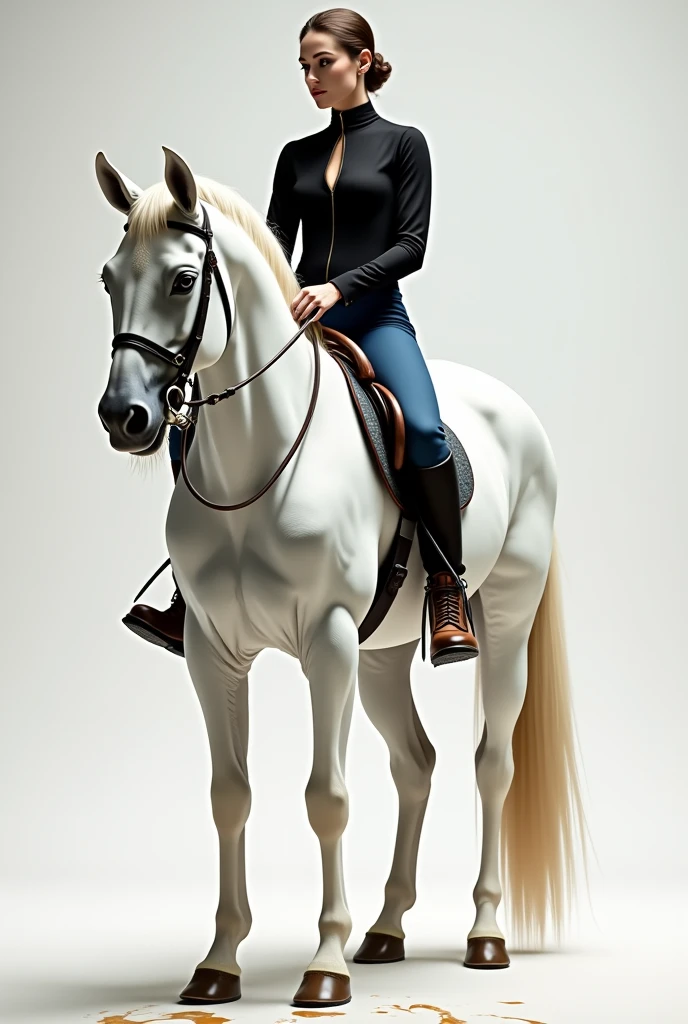White horse, white rein, with coffee sauce, rider on horse, black shirt, Blue pants, Brown shoes,
