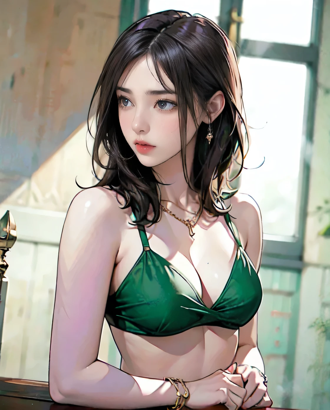 a beautiful girl with emerald green eyes, A beautiful  japanease and Ukrainian half beauty,medium blonde hair, and a detailed, Standing and looking out the window, Upper Body,wearing a black and golden-decorated bikini, with high heels, earrings, necklace, bracelet, anklet, ring, masterpiece, best quality, 8k, ultra-detailed, realistic, photorealistic, physically-based rendering, Strong shadows,profile,in a night scene with a blurred background, Textured skin, Ultra high definition, Soft Light, 