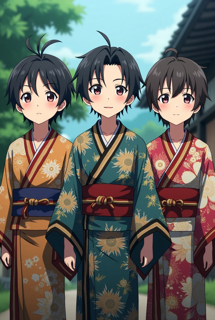 Demon slayer screencap, 3 young children, triplets, They are all males, All 3 are wearing a kimono. UFOTABLE studios season 3 screencap 
