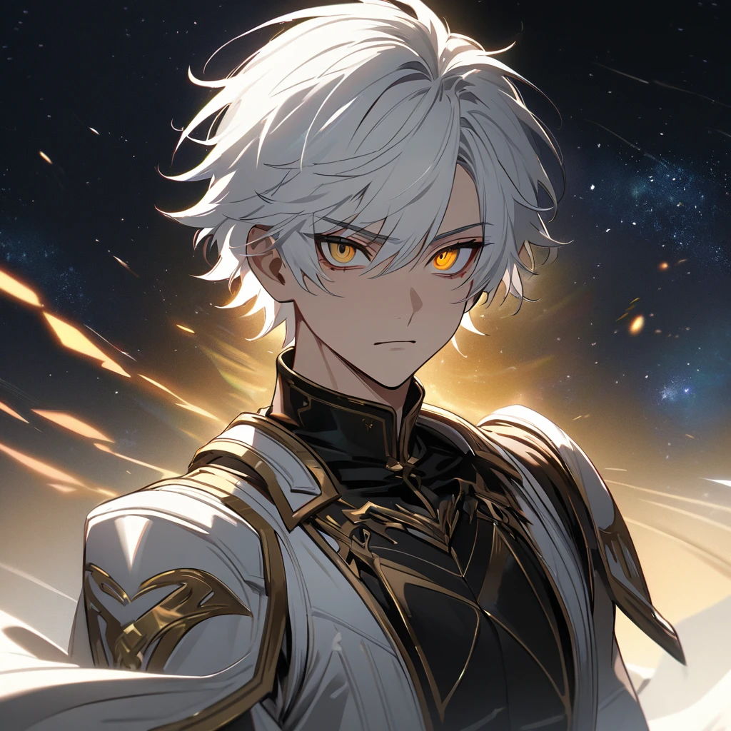 High quality, HD, 4k, no shadows, handsome male, handsome, 1male, 18 years old, 18yo, short white hair, white hair, white hair, white hair, sharp eyes, deep golden colored eyes, dark gold colored eyes, deep gold eyes, gold eyes, devil may cry, close up, calm expression, stoic expression, black leather clothes, white leather clothing, lean body, well trained body, upper body, looking at viewer, cowboy shot, white solar, space background