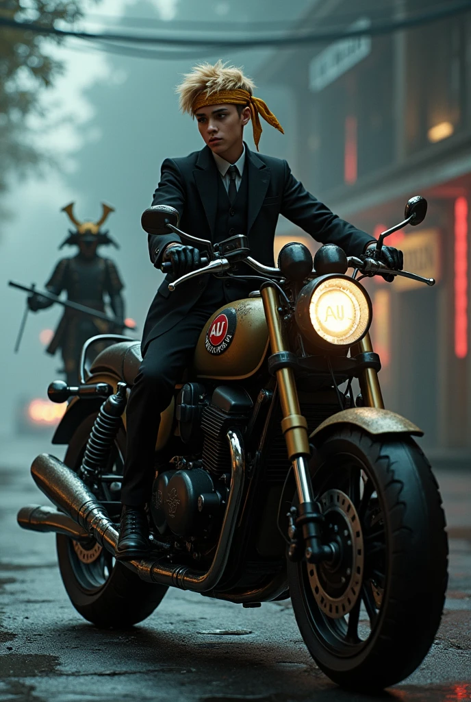 Create realistic image of mafia outfit combination of golden combination of black suit young blonde boy wearing bandana on her head and sit on the big bike and the back had a samurai on the side of the big bike 3rd curve style name AU on the background of a fogy street on the dim light