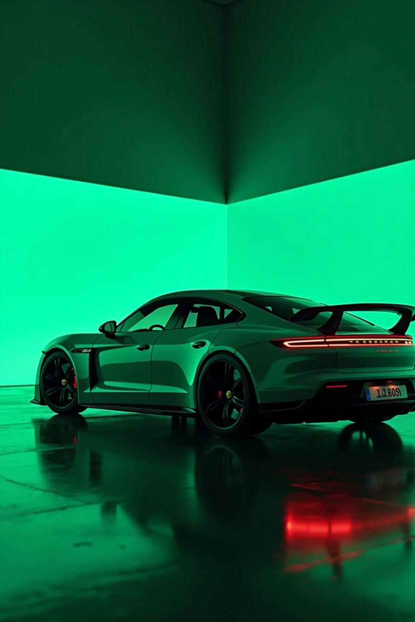 The image depicts a Porsche Taycan Turbo S sports car with a black and white color combination, suggesting a minimalist theme. The vehicle is designed with aerodynamic features, such as a large rear wing and side air intakes, indicating its performance-oriented nature. The car's sleek body and low-profile tires contribute to its sporty aesthetic. The background has a digital effect, illuminated by green lights, that complements the car's stylized appearance and reinforces the image's minimalist theme. There are no people or indications of specific locations that would necessitate the identification of characteristics such as gender or race. , retina, precise, Masterpiece artwork, super detaill, best qualityer, awardwinning, highres, HD, 4K, 8k, 16K