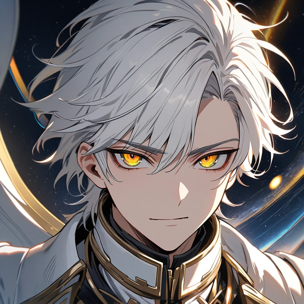 High quality, HD, 4k, no shadows, handsome male, handsome, 1male, 18 years old, 18yo, short white hair, white hair, white hair, white hair, sharp eyes, deep golden colored eyes, dark gold colored eyes, deep gold eyes, gold eyes, devil may cry, close up, calm expression, stoic expression, black leather clothes, white leather clothing, lean body, well trained body, upper body, looking at viewer, cowboy shot, white solar, space background