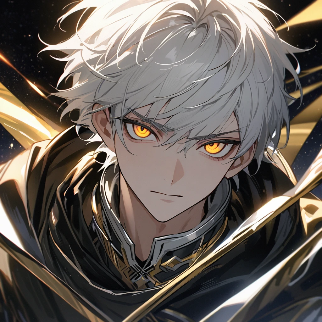 High quality, HD, 4k, no shadows, handsome male, handsome, 1male, 18 years old, 18yo, short white hair, white hair, white hair, white hair, sharp eyes, deep golden colored eyes, dark gold colored eyes, deep gold eyes, gold eyes, devil may cry, close up, calm expression, stoic expression, black leather clothes, white leather clothing, lean body, well trained body, upper body, looking at viewer, cowboy shot, white solar, space background