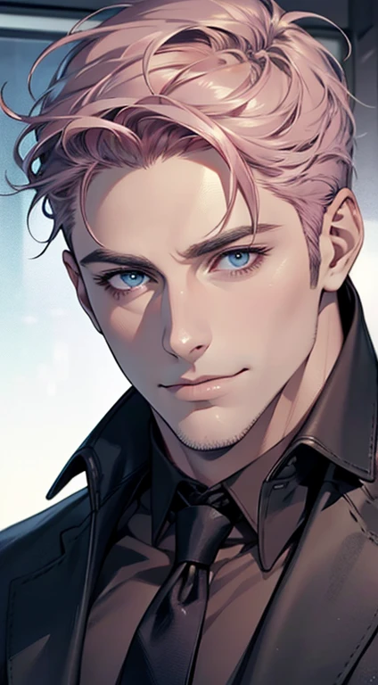 (best quality,4k,8k,highres,masterpiece:1.2),ultra-detailed,(realistic,photorealistic,photo-realistic:1.37),1 man,31 years old,mature man,very handsome,without expression,smile,short grey pink hair,blue eyes,penetrating gaze,perfect face without errors,imposing posture,businessman,office background,cinematic lighting,hdr image