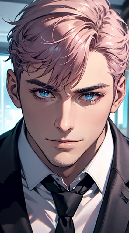 (best quality,4k,8k,highres,masterpiece:1.2),ultra-detailed,(realistic,photorealistic,photo-realistic:1.37),1 man,31 years old,mature man,very handsome,without expression,smile,short grey pink hair,blue eyes,penetrating gaze,perfect face without errors,imposing posture,businessman,office background,cinematic lighting,hdr image