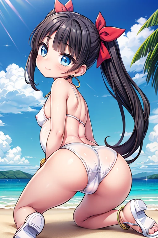 A girl posing for a photo, ((One Girl)), (((Baby Face:1.7)) + ((cute:1.5)) + (())),
break
#Clothing Accessories
((White high leg monokini swimsuit:1.1)) + (Covered nipples) + white high heel sandals,
(Gold Hoop Earrings), (gold fancy bracelet), (A necklace studded with many precious stones),
break
#Features
((Black Hair:1.2)) + ((Very long side bangs)) + ((Twin tails) : Short Hair + Curly hair + Voluminous Hair + Fuller Hair + Tied with a red ribbon),
((Droopy eyes:1.4, Big eyes:1.2), blue eyes), (Small breasts + Flat chest), (中立的な顔のFeatures),
((sensuous:1.5)),
break
#background environment
((noon, (Sunny tropical beach:1.1), ((blue sky)))),
#Facial Expression Pose
((blush, smile, Open your mouth)), ((Rear view, Get on all fours with your butt facing the camera.)),
#composition
((To the camera), (Angle from behind), (Character Focus), (Cowboy Shot)),
break
#Body parts elements
(Slim figure),
(Symmetrical facial features),
(Detailed Hair, Beautiful Hair, Shiny Hair),
(double eyelid, Long eyelashes, Thin eyebrows:0.5, Thin eyebrows:0.5),
(Expression of fine eyes, Beautiful and delicate eyes, Sparkling eyes, Eye Reflexes, Glitter Eyeliner),
(Human Ear),
(Beautiful Nose, Thin Nose),
(Glossy Lips, Beautiful Lips, Thick lips),
(Detailed skin, Textured skin, Beautiful Skin, Oily skin),
break
#quality
(((最高quality)), ((masterpiece:1.3)), ((Very detailed))), ((Ultra-high resolution)), ((16K)), ((1080P)), ((Full HD)),
((Anatomically correct)), ((Realistic)), (3DCG), ((Oil painting)),
((comics, anime)), (CG illustration), (RAW Photos),
