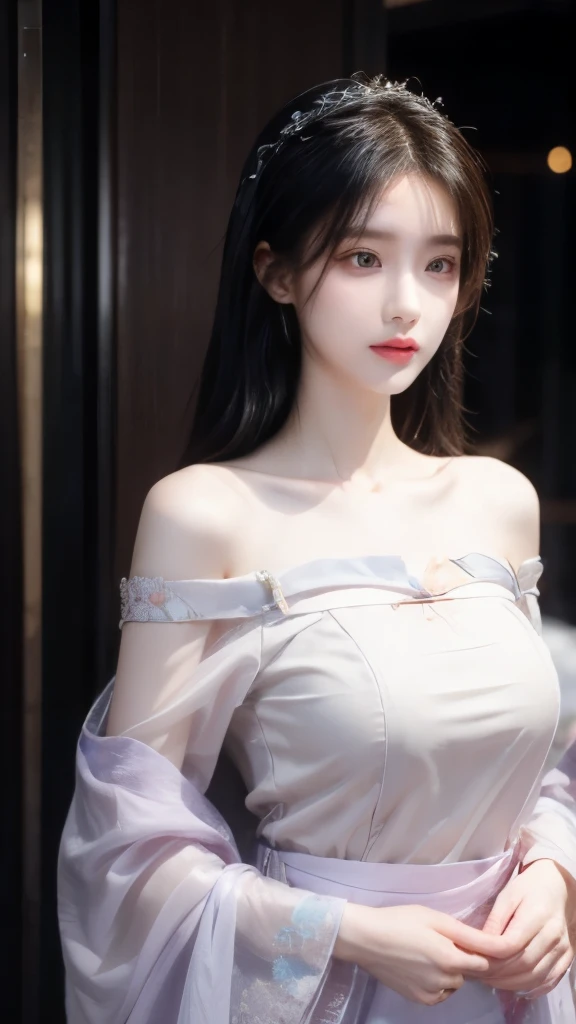 (high quality、Top quality、realism、Unified 8K:1.5)masterpiece,Maximum resolution,A girl,healthy plump body,Big boobs:1.3,Body facing the camera:1.3,AttentiontoDetail,Sexy,noble,Pretty Face:1.2,Hair details,The texture of the details:1.1,Translucent effect:1.3,light purple,translucent and gorgeous Hanfu:1.4,Flower embroidery:1.1,Off-shoulder,sling,cleveage,silk,close-fitting clothes,Black long hair,Chinese Hair Accessories,Thin waist,cliff,dusk