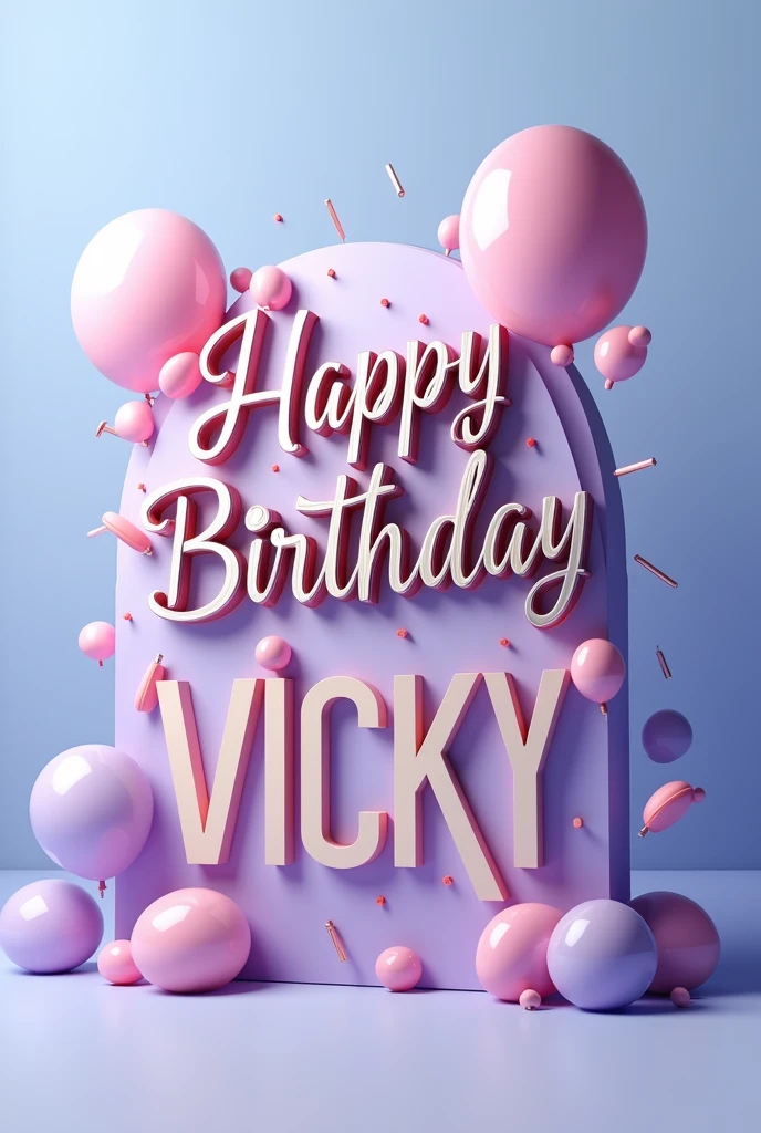 Create a 3D image that says Happy Birthday in Spanish in italic and bold font on the first line and Vicky in larger font below in uppercase letters. The background of the image should be light blue and lilac.