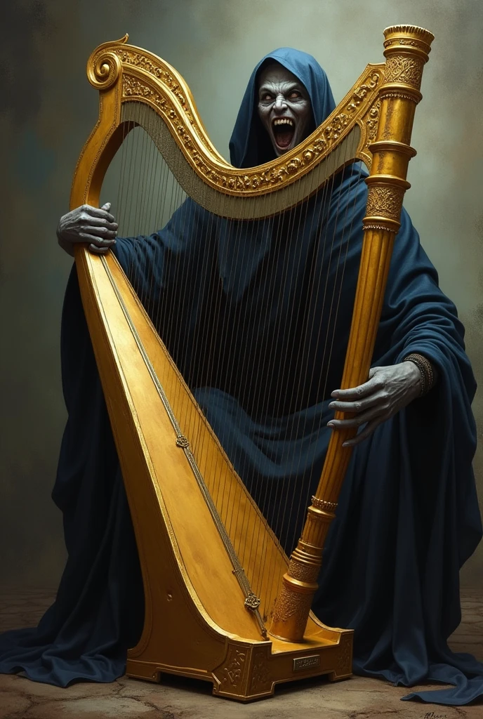 Magic: The Gathering style painting of a golden harp with black strings and a clearly sinister person smiling