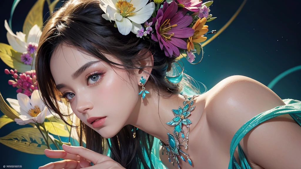 32K, 最高quality, 最高masterpiece, (ultra-Detailed Background, Detailed Background), High resolution, Super detailed, Very detailedな, 1 personの, (bouquet:1.3), (Tangled:1.2), (Geometric:1.2),(colorful),(masterpiece, quality, best quality, Official Art, Beautiful and beautiful:1.2), (1 person:1.3), Very detailed,(colorful:1.1)(Flowers:1.3),Most detailed,(Tangled:1.2), whole body, (Abstract background:1.3), (Skin glows), (Many colors:1.4), ,(Earrings Jewelry:1.5), Light Blue Background,