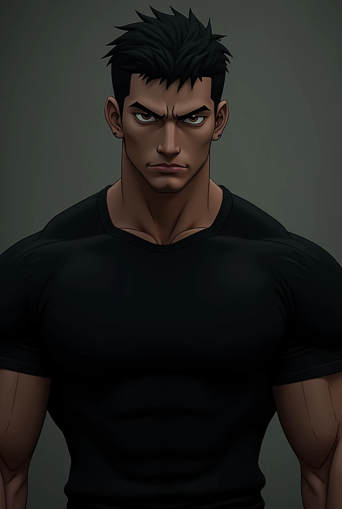Bblack hair,1.97 96 kg,athletic body brown eyes,short hair wearing a black shirt