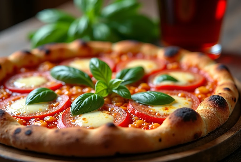 Close-up, high-resolution photograph of a delicious Italian pizza with a crispy crust, covered with melted cheese, tomato sauce and fresh basil leaves, accompanied by a glass of red wine. The setting includes a rustic wooden table and soft lighting to enhance the textures and colors of the pizza and wine. The image is stylized with a food photography approach, showing the dish in an appetizing and detailed way