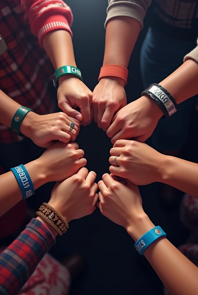 Stag entry bands on the wrist of six  brown indian people for the club named bigg daddy , in a fist bump with no faces 