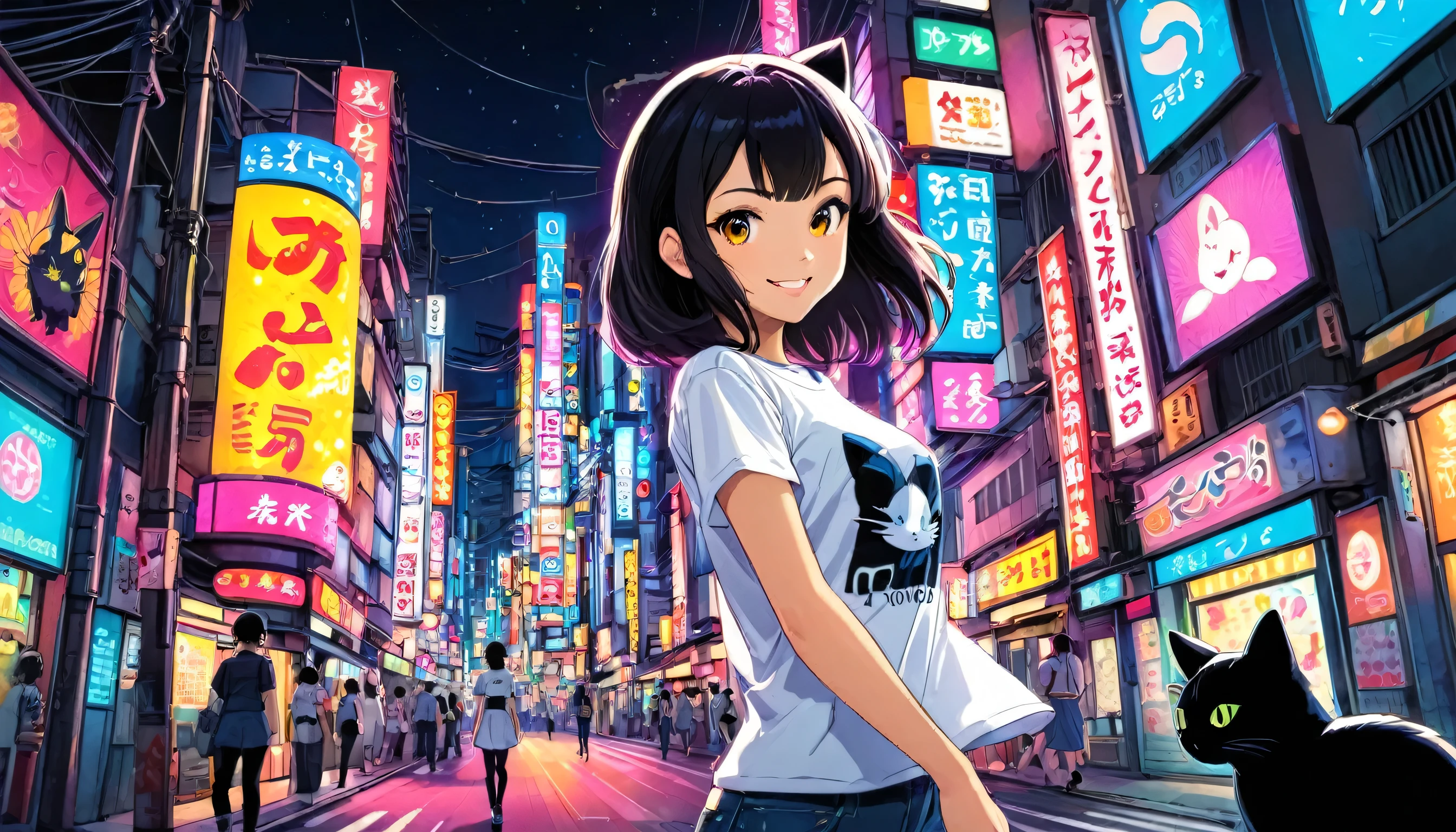 (((wide angle shot, mid body))), Girl, walking, T-shirt, White, Art, Retro, Cartoon Collage, little black cat on sholder, Smile, tokyo city night background, neon light, detailed background, Anime Style