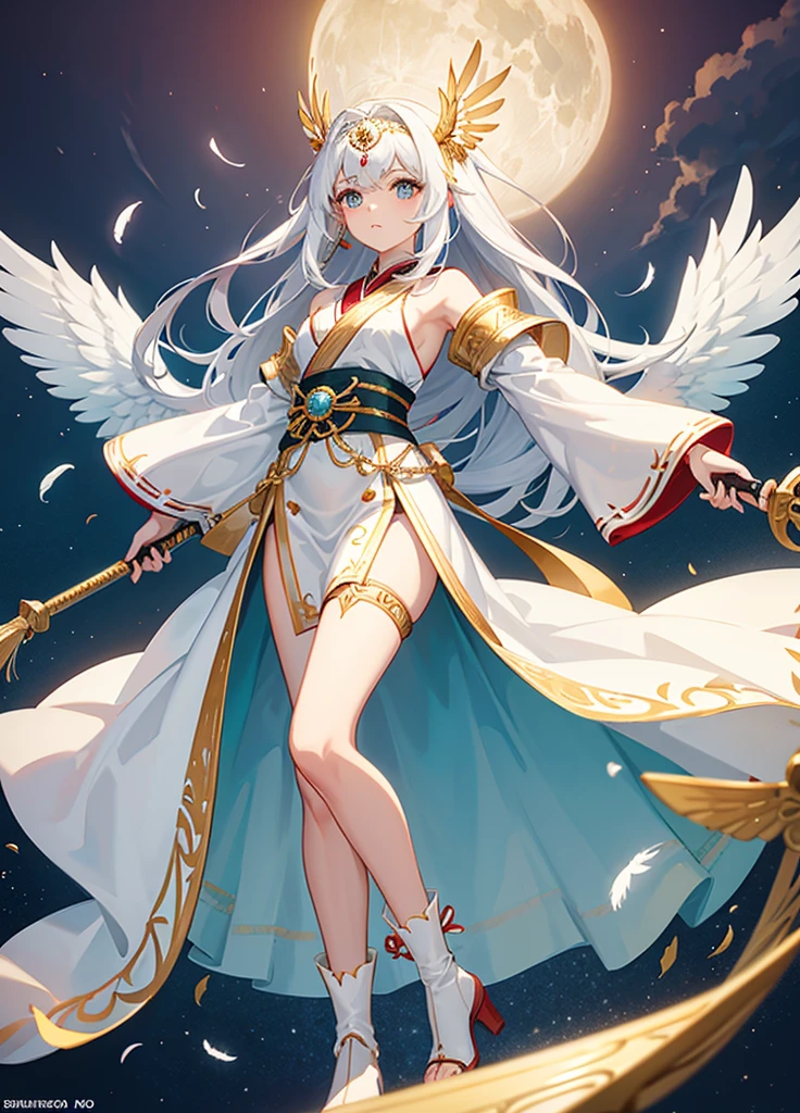 Create an Aztec princess with the following characteristics:
1. **Appearance:**
- **hair:** white, Wavy, reaching to the feet. Part of the hair is semi-tied up with a winged or feather headdress.
- **eyes:** Dorados
- **body:** delgado, with a small waist and wide legs and hips.
- **height:** 1.55 meters.
2. **CLOTHES y Accessories:**
- **touched:** Decorated with wings or feathers, placed elegantly in her half-tied hair.
- **CLOTHES:** A white dress not too long and perhaps intricate patterns in colors complementary to her appearance, like shades of white, dorado y rojos.
- **Accessories:** She could wear an obi belt with gold and red details and perhaps some boots
3. **Pose or Activities:**
- Could be in a graceful battle stance, with a Nichirin sword or katana in hand.
- Another option would be a more serene pose, showing her long hair flowing with the wind, in a natural environment.
4. **Special features:**
- A calm but determined expression.
- Additional details on clothing or headdress that reflect your personality and skills.