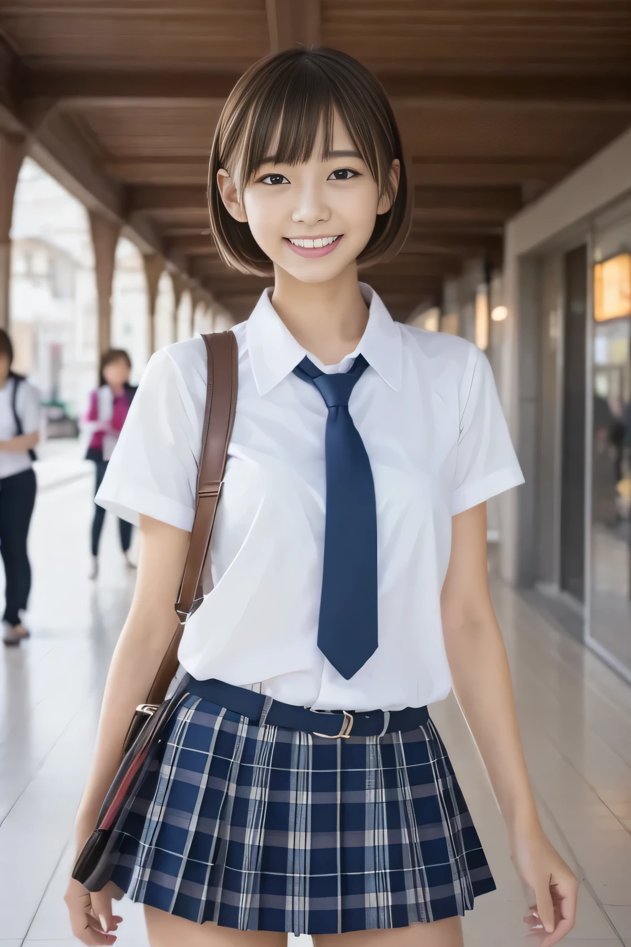 high resolution, RAW photo, photorealistic, extremely delicate and beautiful, extremely detailed, finely detail, extremely detailed CG unity 8k wallpaper, ultra-detailed, (best quality, 8k, 32k, masterpiece, UHD:1.2), Photo of yo Pretty Japanese junior high school girl, JK school uniform, short sleeves, ribbon, blue plaid pleated miniskirt, necktie, skinny, short hair, upper teeth, outdoor, walking in train station platform, a hyper realistic, real life anime girl,