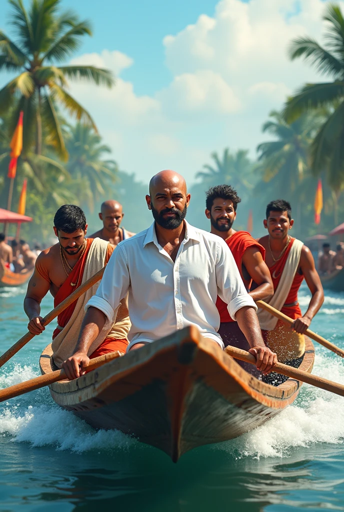 Five men participating (one main character and he is beardles ,he is bald, not muscular , white shirt) in Kerala boat racing