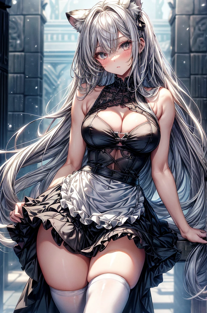 gorgeous, masterpiece, best quality, high resolution finely detailed, extremely beautiful, distinct image, black sleeveless light frilly knee length dress, waist apron, hourglass figure, 1 girl, 21 years old, soft and beautiful facial features, symmetrical face, golden colored eyes, innocent doe shaped eyes, B cup breasts, tall height(190cm), slim curvy body, athletic physique(six pack underneath), , sheer white stockings, toned and chiseled body, shoulder-length snow-white hair, narrow waist, long legs, modern times background, snow-white olive skin, hip-level shot, snow-white feline tiger ears, white striped tiger tail protruding out her back, hip-level shot