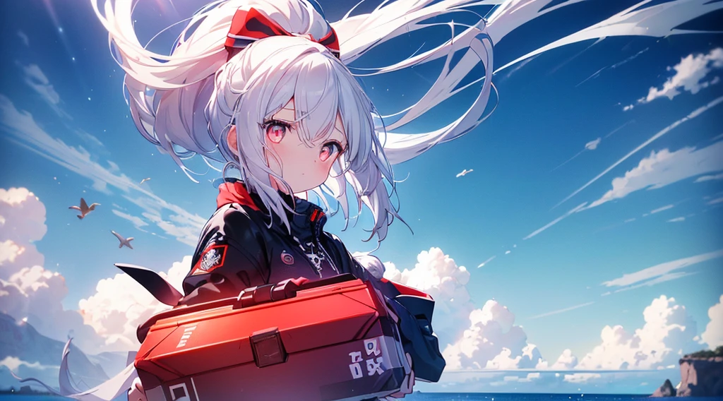 [(Transparent background:1.5)::5],(((masterpiece))),(((best quality))),(((extremely detailed))),illustration, 1girl,solo,mysterious,vivid color,shiny, (ponytail hair),(white hair),(red eyes), full body,long hair tranquil nature, close up,Dynamic actions,Lens perspective, beach(((Box composition))), volumetric lighting, multi-color eyes, detailed eyes, hyper detail