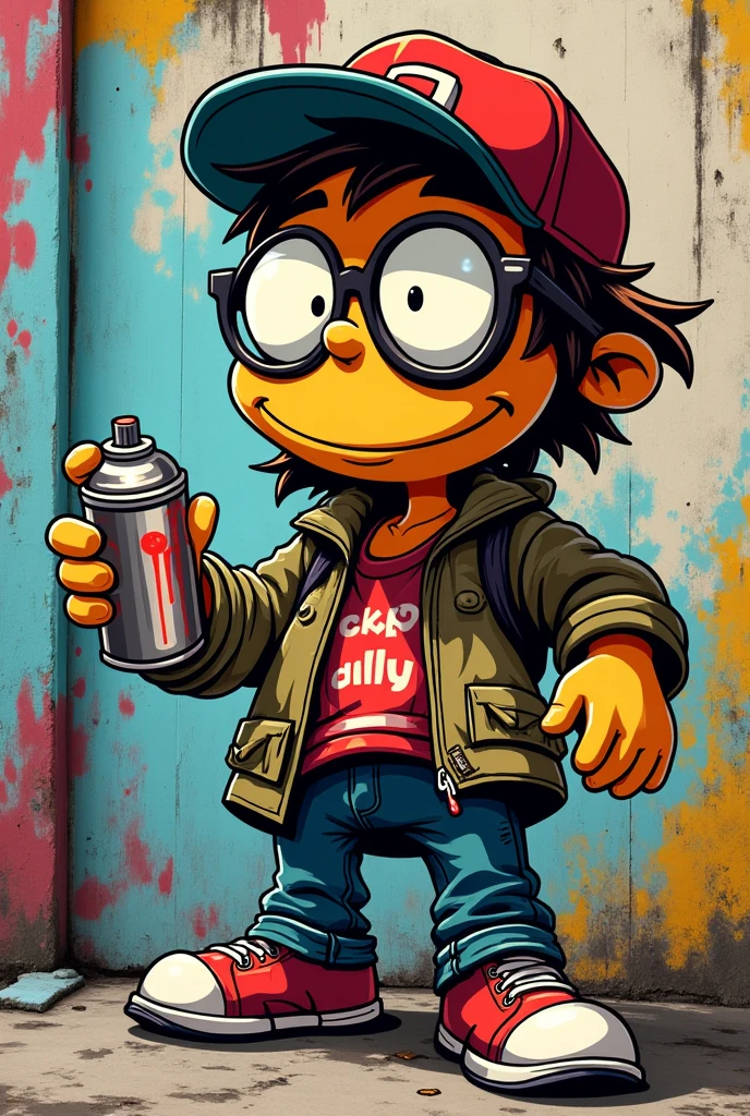 Graffiti character old school with CAP AND a spray paint in His left hand with big eyes un Cartoon style