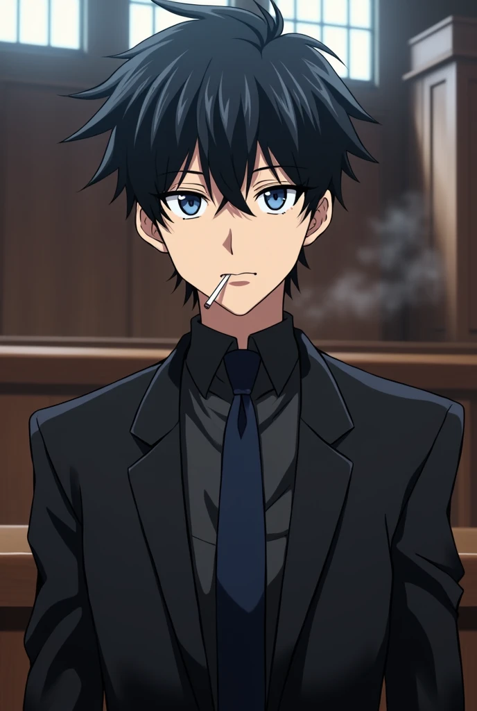 Anime style image of a man around 23 years old, black hair similar to the character Sung Jin woo from Solo Leveling, blue colored eyes, wearing a black lawyer suit and a more serious face and expression, smoking a cigarette and the scene behind him is a courtroom 