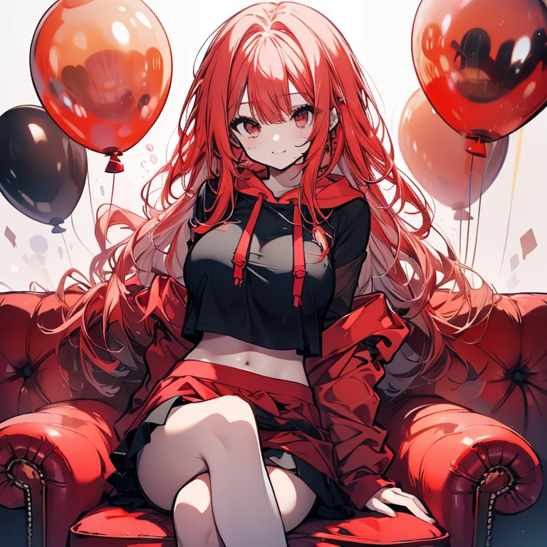 1 person、Mature、Ample breasts、Long Hair、Red balloon、Bubble gum、Curly Hair、smile、Belly button、hoodie、Miniskirt、garter、Crossing your legs、sit、Lots of balloons、Red Balloons、sofa、High resolution、Highest quality、