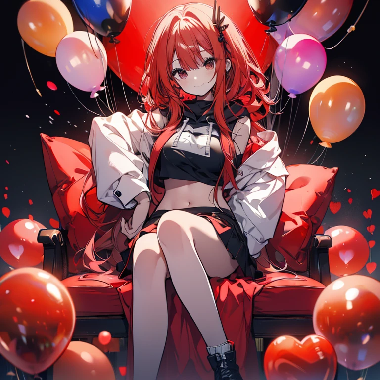 1 person、Mature、Ample breasts、Long Hair、Red balloon、Bubble gum、Curly Hair、smile、Belly button、hoodie、Miniskirt、garter、Crossing your legs、sit、Lots of balloons、Red Balloons、sofa、High resolution、Highest quality、