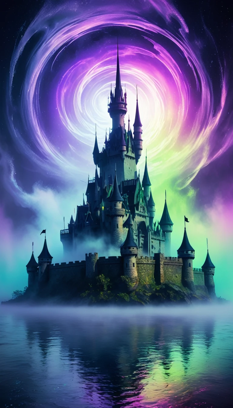 the mysterious fog of the Whirlpool Castle, the alien-like shadow in the center, the eerie colors, iridescent, neon dust, shading effects, gradation magic effects, foggy filter effects, glitter effects, graphic CG digital art
