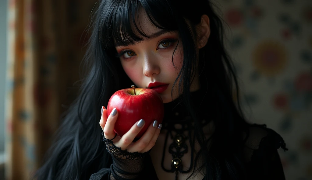 ((RAW Photo), absurd, (absurdresolution)), masterpiece, best quality, (Extremely detailed 8k unity CG wallpaper), (best illustration), (best shadow), Realistic lighting, beautiful detailed glow, ((21 years old)), girl, long black hair, black queen, accessories, apple in hand, poisoned apples, witch queen, red lipstick, (((Photographic Perspective of her)))