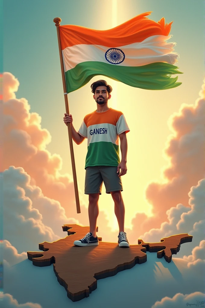 create a 3D illustration of a 24 year old boy is stand on India map has INDIAN FLAG in hIS hands and Name 'GANESH' is written on the boy's t-shirts T shirt colour on Indian flag colour, image features with Divine background.