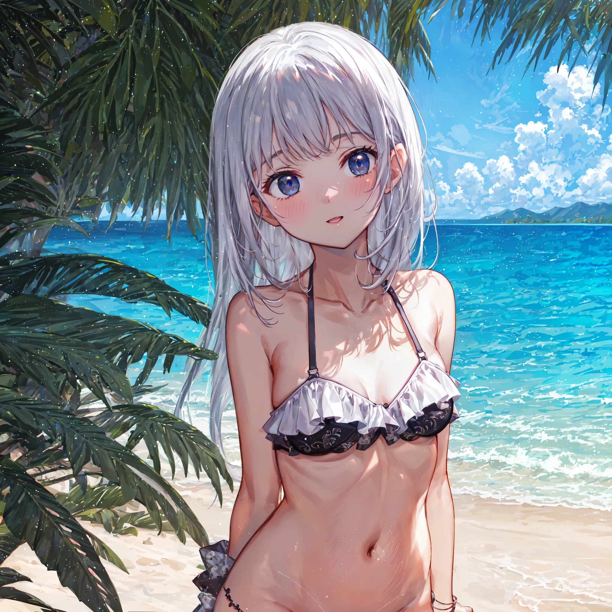 Very detailed, CG, Unity , 8k wallpaper, wonderful, In detail, (masterpiece:1.5, Highest quality), (Intricate details, Depth of written boundary), Dynamic posture,masterpiece, Highest quality,blush,Palm Tree Shade,hammock,Silver Hair, {{Beautiful medium sized breasts 1:4}},Small face,Front-facing,look away,Arms back,Push out your hips,Gazing into the distance,My chest is crushed,Black and white frilly swimsuit,Photoreal 1;4,Highest quality,cute,High Quality Backgrounds, Slanted Eyes, Detail of wrinkles on shirt chest,break, {{Beautiful blue eyes 1:4}}, break, Five Fingers