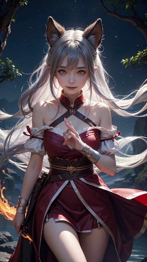 A beautiful girl surrounded by divinity, standing in a mysterious wilderness. A sparkling magic was activated from her hands, and fantastic lights danced around her. Her eyes shine like the abyss, and she has an expression that combines strength and kindness. It is depicted as a mysterious being who provides guidance to those who wander.,cute,A girl riding a beast in a fantasy world, genbu, red eyes, smiling, blushing, ribbons, bandages, holding a dagger, pale flames, glowing eyes,