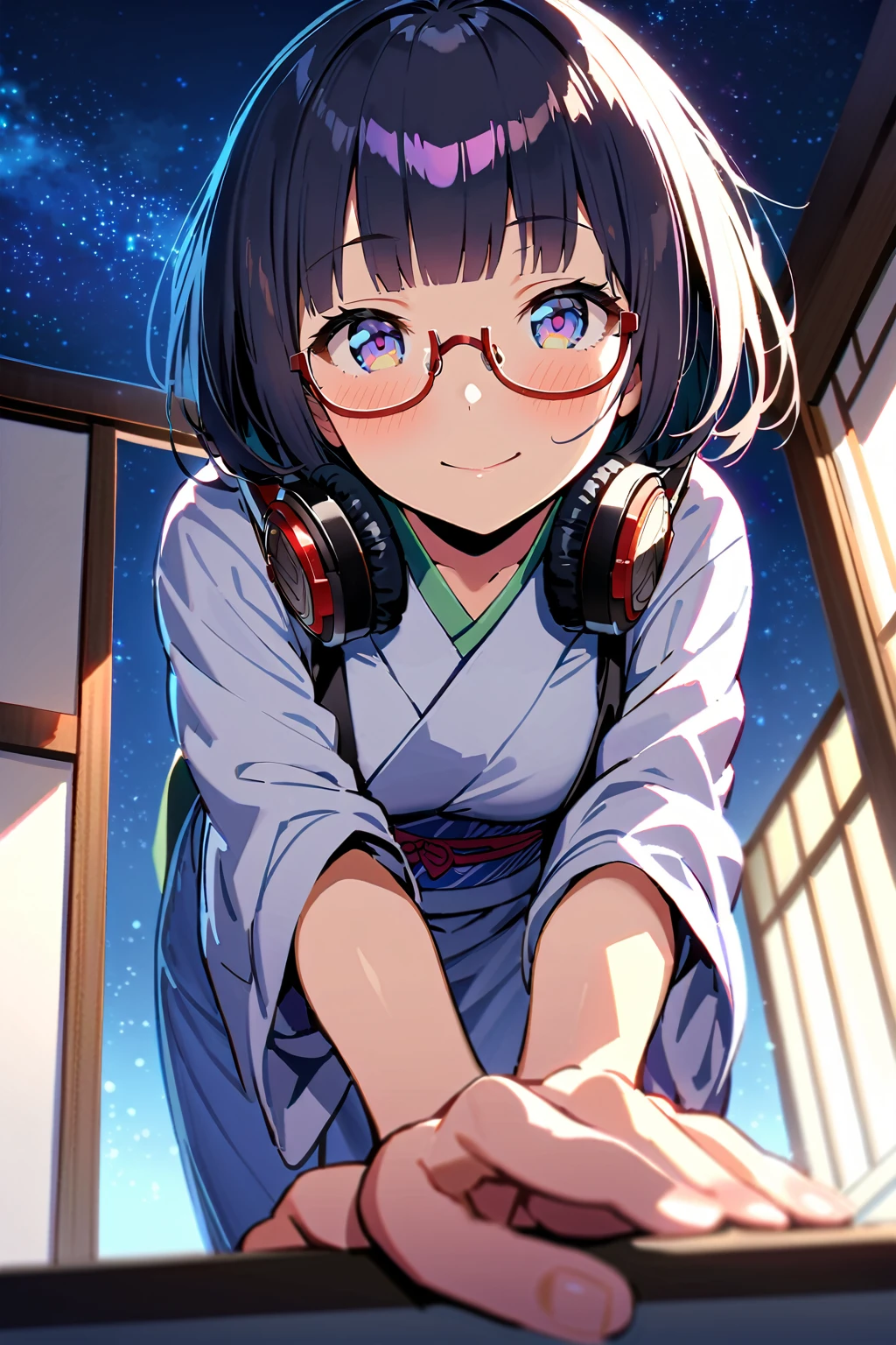 (extremely detailed fine touch:1.3), (((semi-rimless eyewear:1.3))), (wear headphones around neck:0.9), short hair, blunt bangs, extremely detailed girl, solo, from below, bent over, looking at viewer, seiza, kimono, smile, blush, holding one hand Earpick, Sliding Doors, night sky