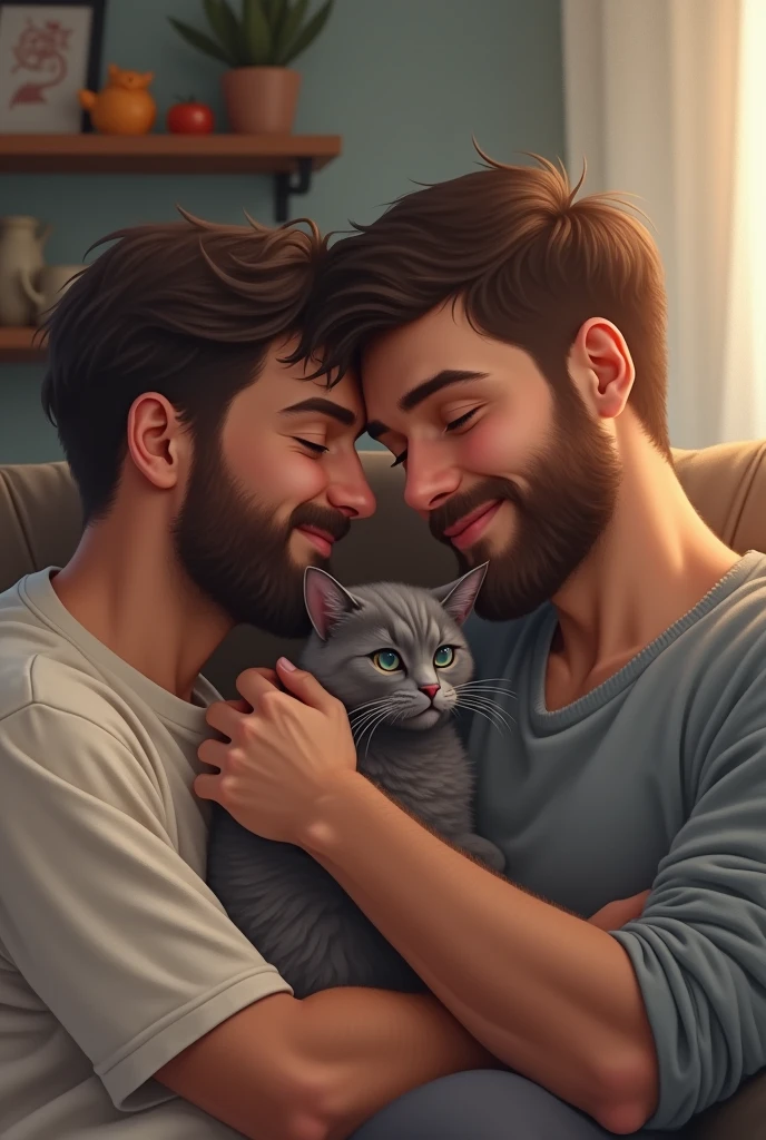 Two young bearded men in love with a gray cat
