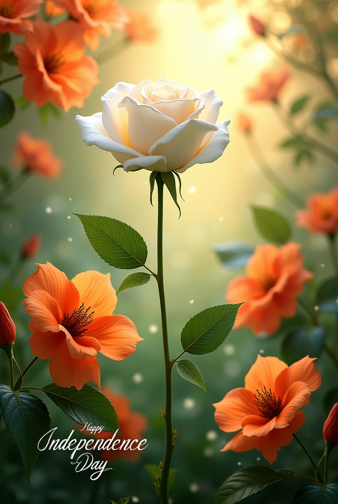 Create a poster on independence day for the brand greenery the bottom with green colour leaf and middle with white rose and upper with orange colour bougan villaa