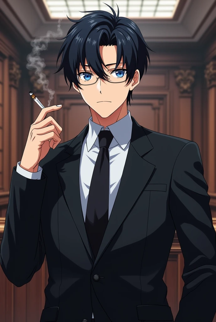 Anime style image of a man around 23 years old, black hair similar to the character Sung Jin woo from Solo Leveling, blue colored eyes, wearing a black lawyer suit and a more serious face and expression, smoking a cigarette and the scene behind him is a courtroom 