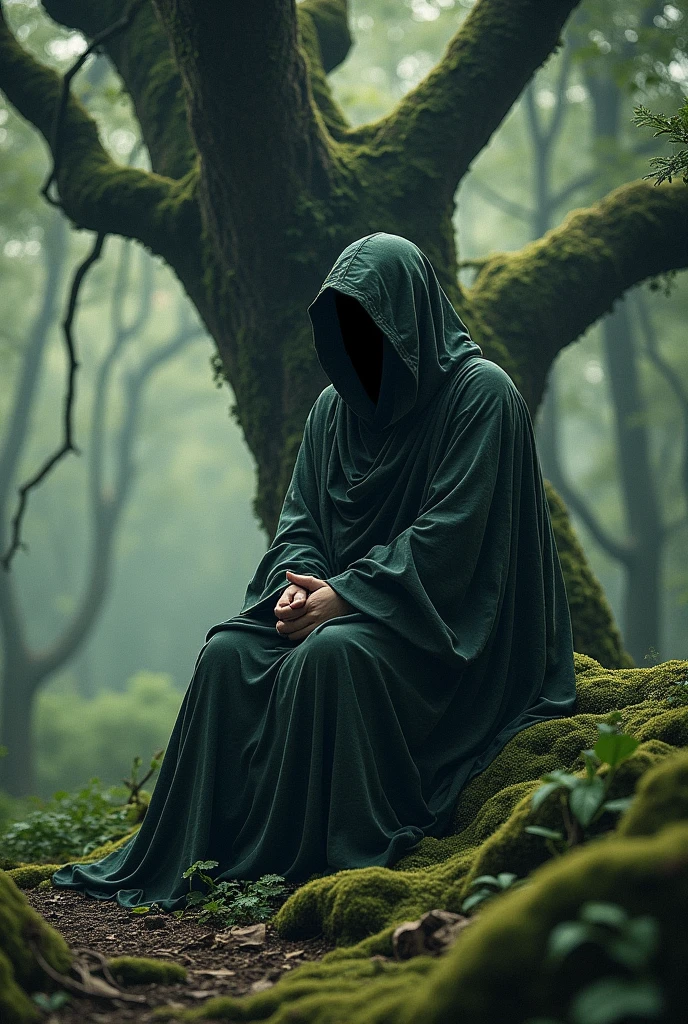 A person in a cape sitting under a tree in the forest 