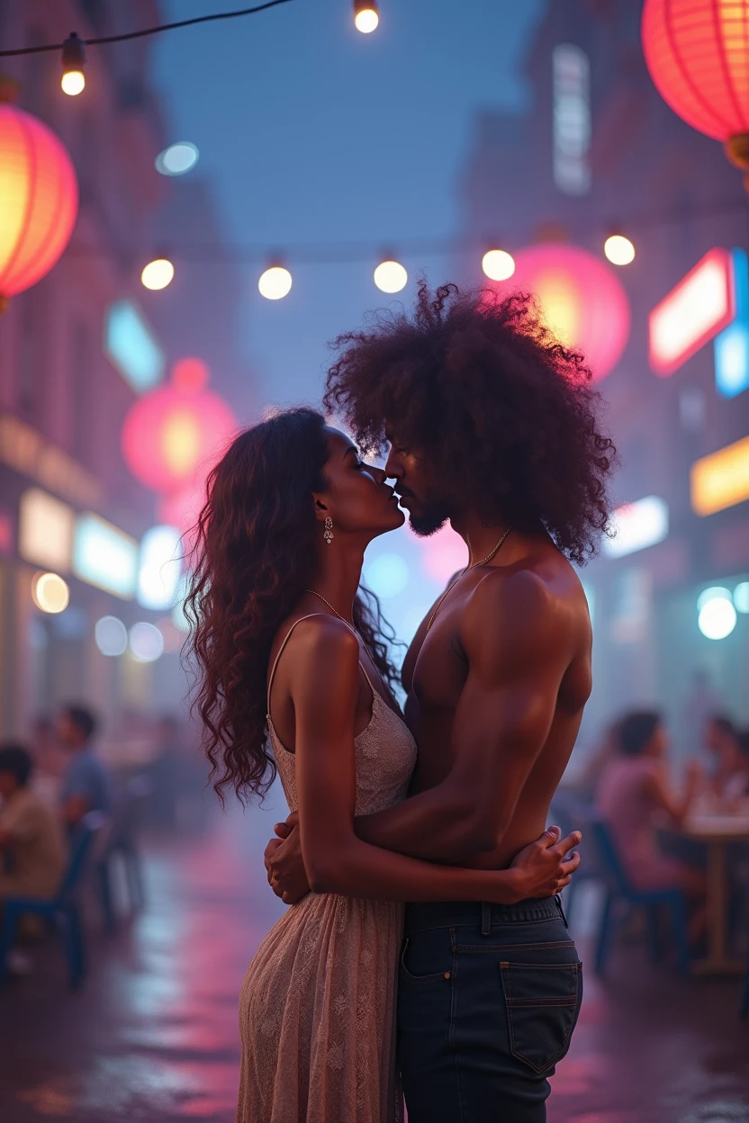 a close-up shot of a handsome black man and an Afro-Latina woman kissing, their lips close together, cinematic lighting, romantic atmosphere, detailed facial features, beautiful skin tones, chiaroscuro lighting, dramatic shadows, intense eye contact, passionate embrace, high quality, photorealistic, 8k, cinematic, dramatic