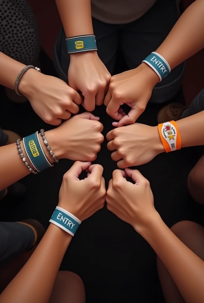Stag entry bands on the wrist of six brown indian people for the club named bigg daddy , in a fist bump with no faces