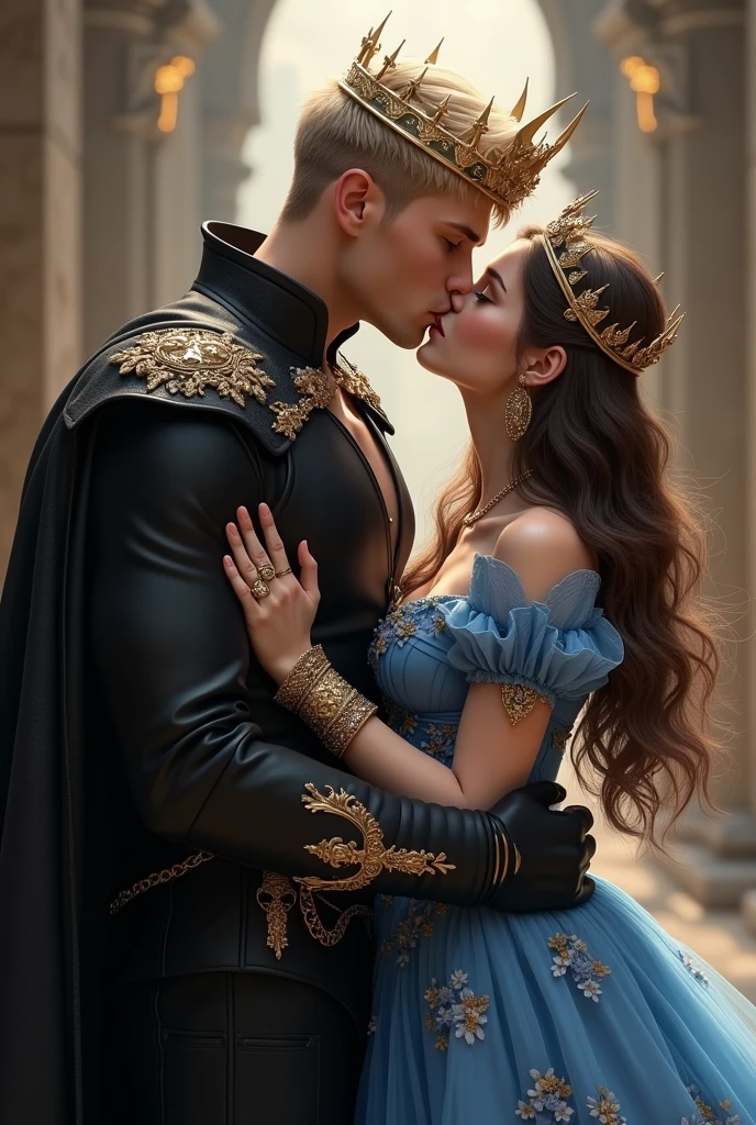 (photorealism:1.2), handsome and young man, high, muscular build, dominant aura, dressed in a black shirt and black pants, with a black cloak with golden clasps, short dark blonde hair, green eyes, gold crown and several gold rings; he is kissing a short woman, long wavy brown hair, Brown eyes, wearing a blue princess-cut dress with flowers