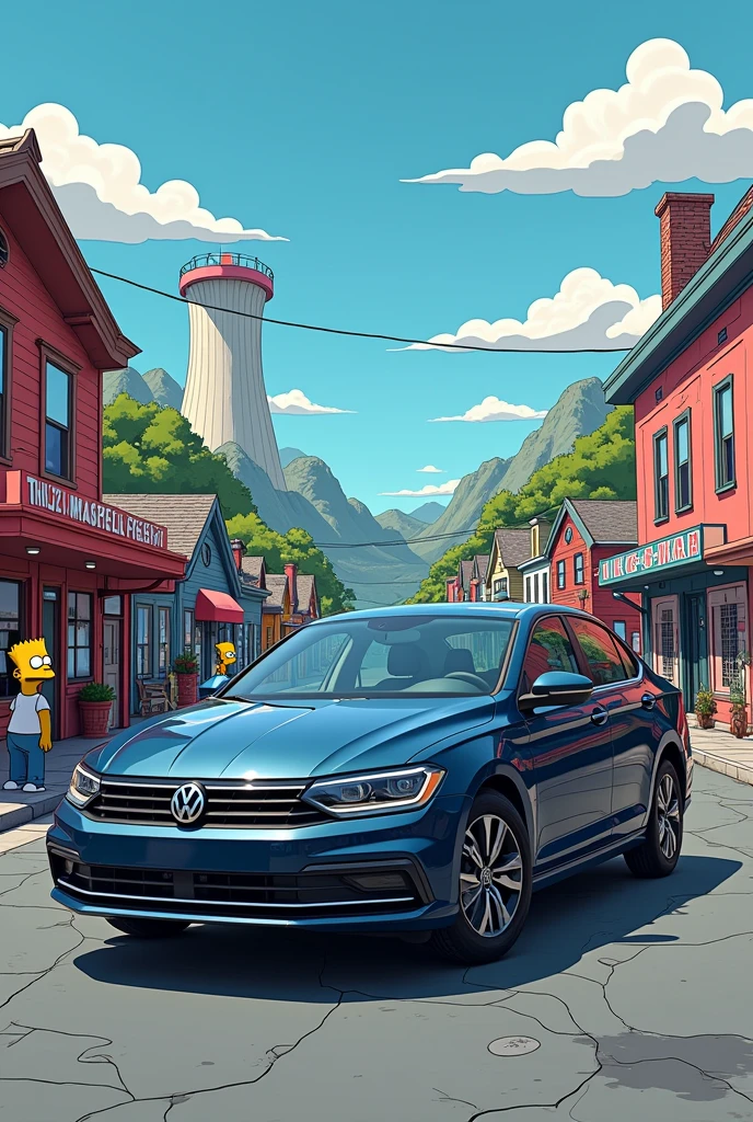 Dark blue Jetta car with a Springfield Simpsons background