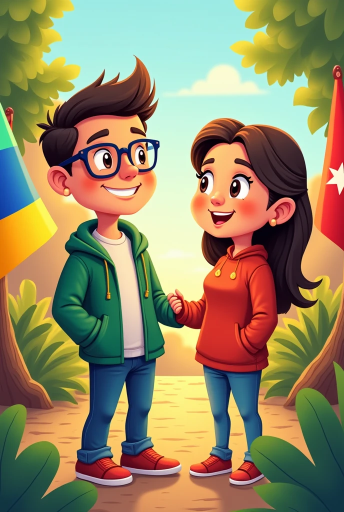 A cute cartoon of a Bolivian man without a beard wearing glasses, Chilean woman, with the flag of the country of Bolivia red yellow and green and with the flag of the country of Chile