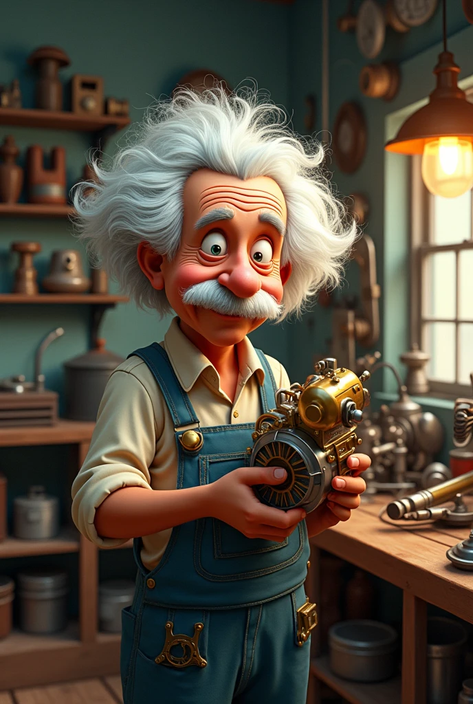 An Albert Einstein dressed as an animated mechanic 
