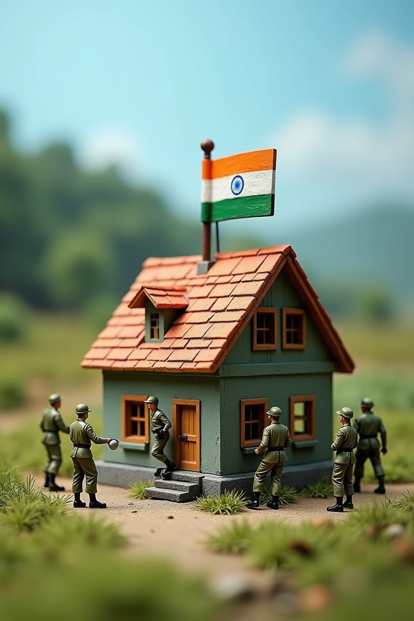 The image shows a miniature model of a house with the Indian flag on the roof. The house is painted in the colors of the Indian national flag - orange, white, and blue. There are several soldiers on the ground, some of them are holding buckets and ladders, while others are standing on the steps of the house. The soldiers are wearing green uniforms and helmets. The background shows a green landscape with trees and fields. The sky is blue and the overall mood of the image is peaceful and serene.