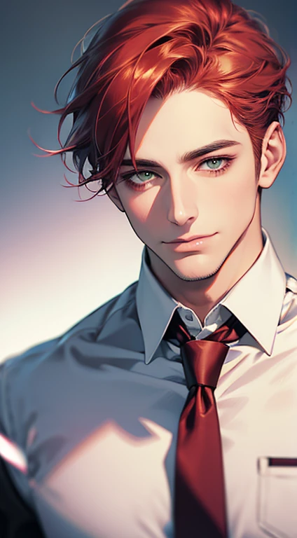 (Highest quality,4K,8K,High resolution,masterpiece:1.2),Super detailed,(Realistic,photoRealistic,photo-Realistic:1.37),1 person,31 years old,Mature Men,Beautiful skin、very handsome,Expressionless smile in love,Short gray red hair,green eyes,Sharp Eyes,A perfect face without a doubt,Businessman,Office Background,Cinema Lighting,HDR image,tie、