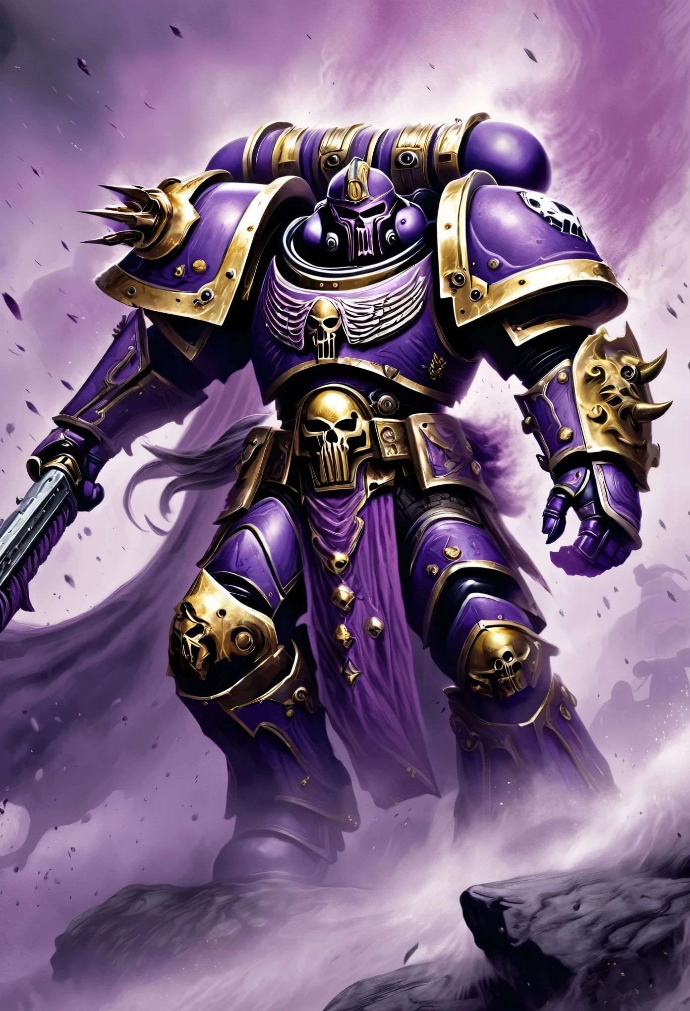 warhammer 40k, a chaos space marine of Slaanesh (purple armor, gold trim, violet cape) emerges from a mysterious fog on the battlefield, boltgun slung on his back
