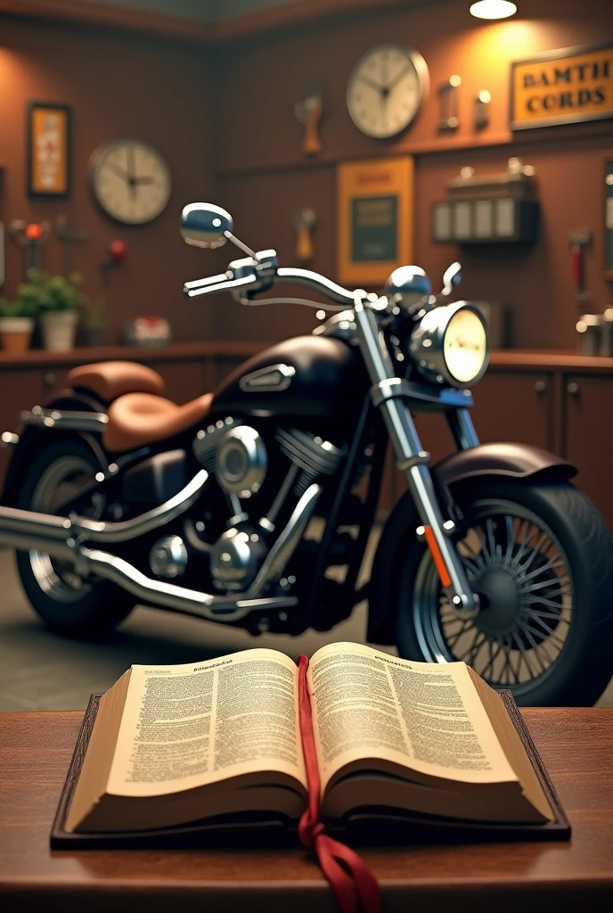 You are my professional image generator. Por favor, Create an image of a classic motorcycle in a garage. In front of the motorcycle, a small table. On top of the small table, an open holy bible.