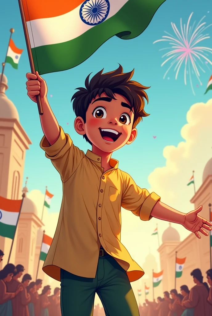 Image of a most handsome Indian boy celebrating independence day tricolour flag in his hand with a fashionable outfit in anime style 